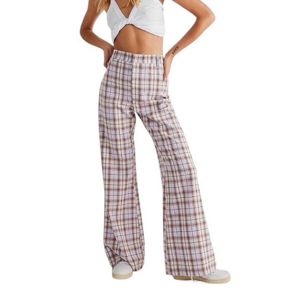 FREE PEOPLE Plaid Jules Flare Leg High Waist Pants Light Purple EUC Size 4 - Picture 1 of 8